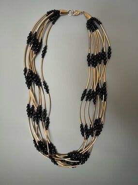 Multi-Strand Black Bead & Gold Tube Necklace
